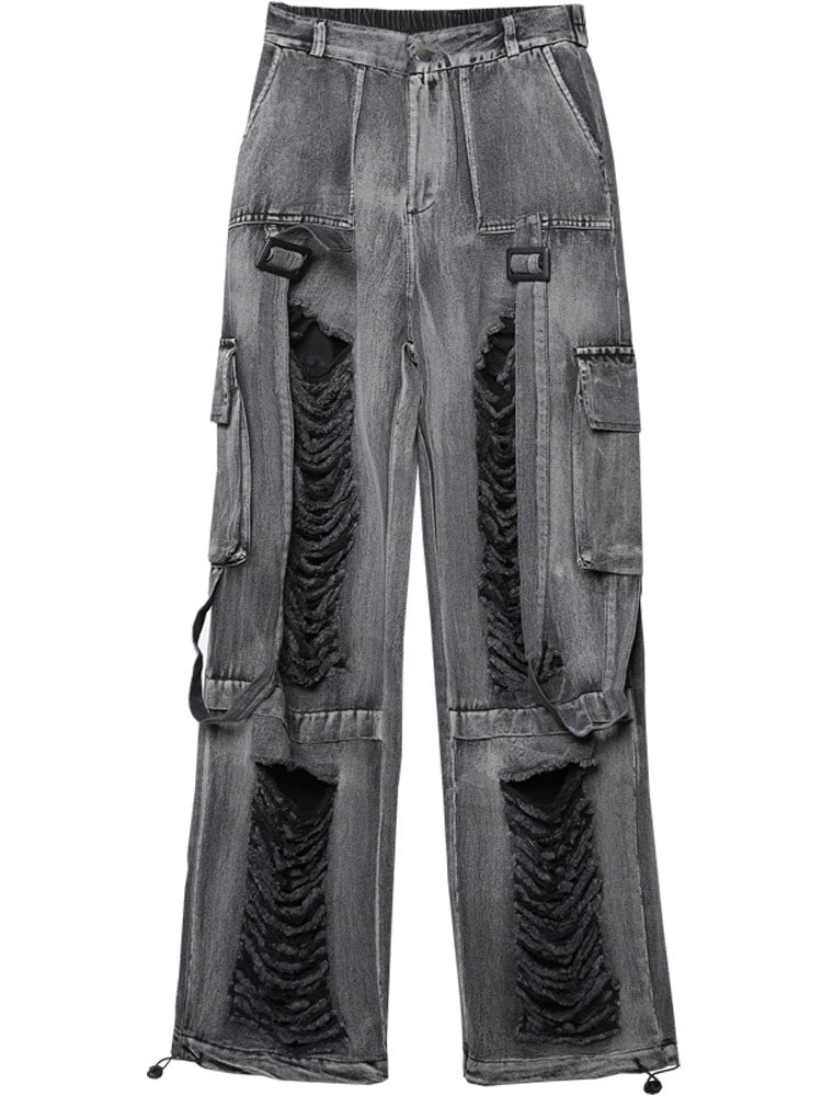 Ribbon Strap Damage Wash Wide Leg Denim Jeans WN22448