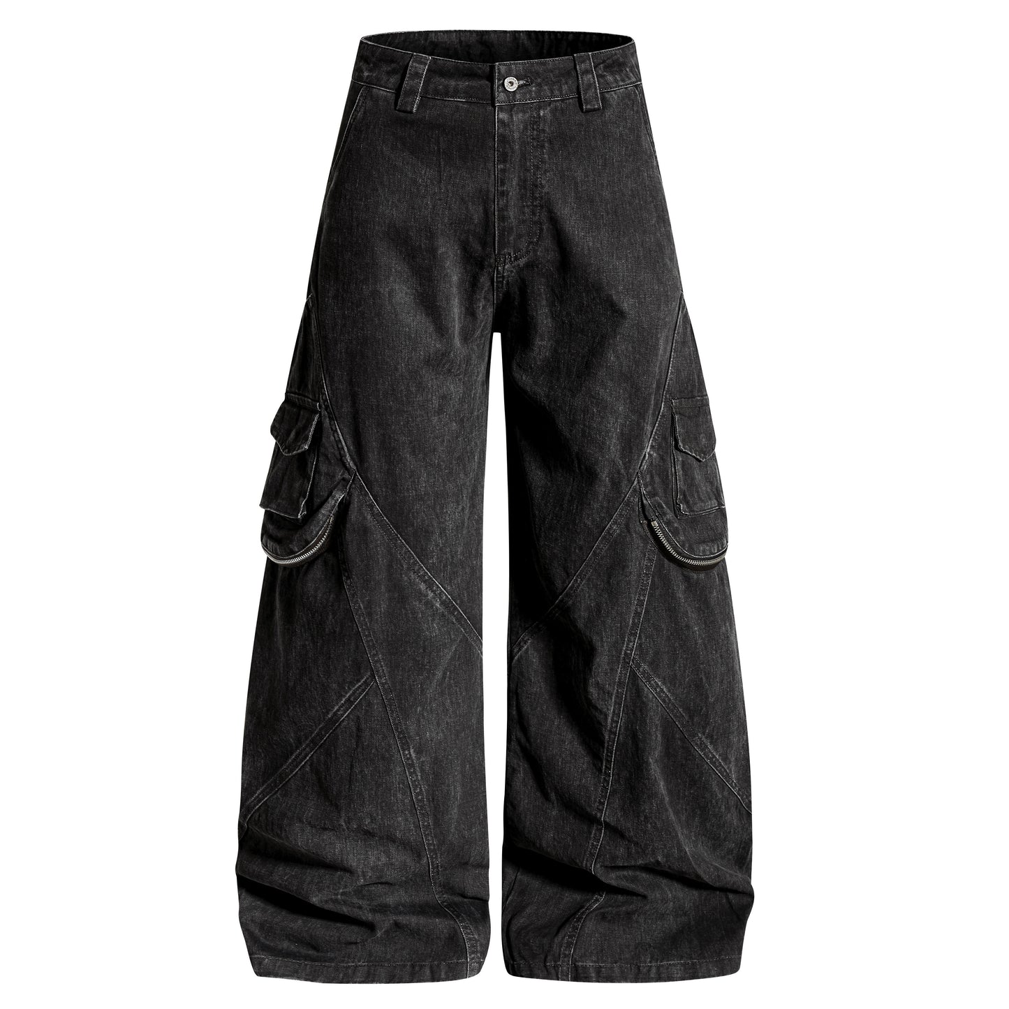 Washed Panel Seam Multi Pocket Wide Leg Denim Jeans WN24487