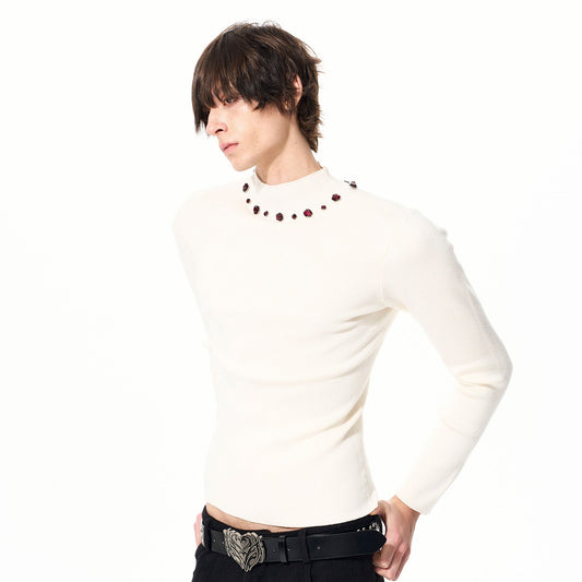 Studs Design High-Neck Long Sleeve T-Shirt WN22699