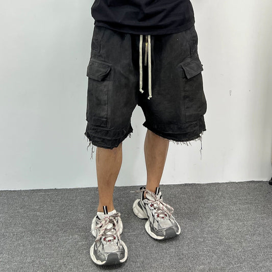 Drawstring Cargo Damage Denim Half Jeans WN25525