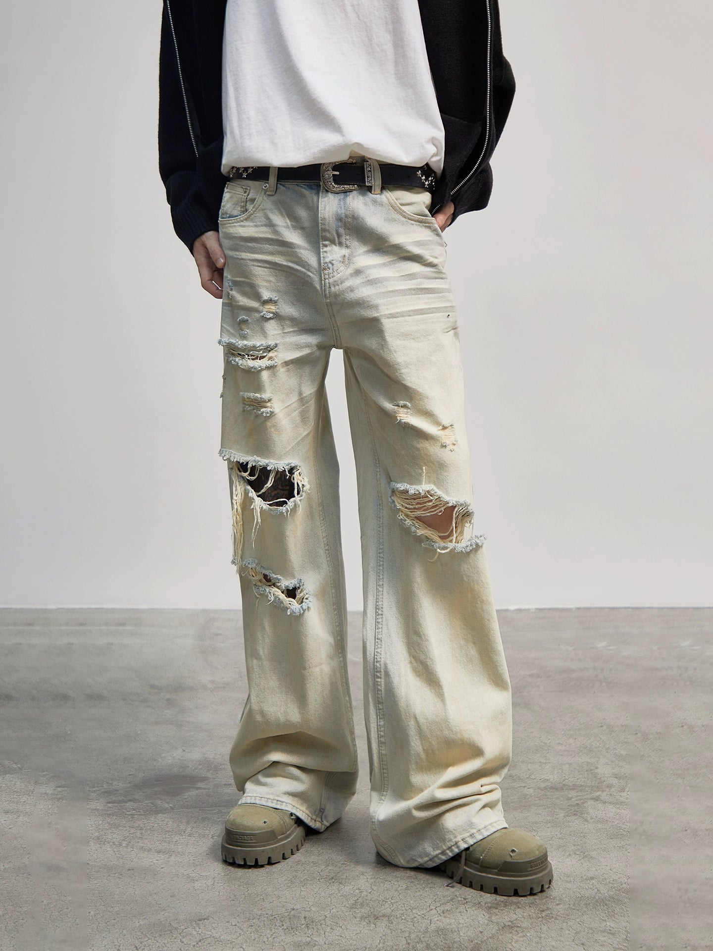 Hole Damage Pleats Straight Wide Leg Denim Jeans WN21175