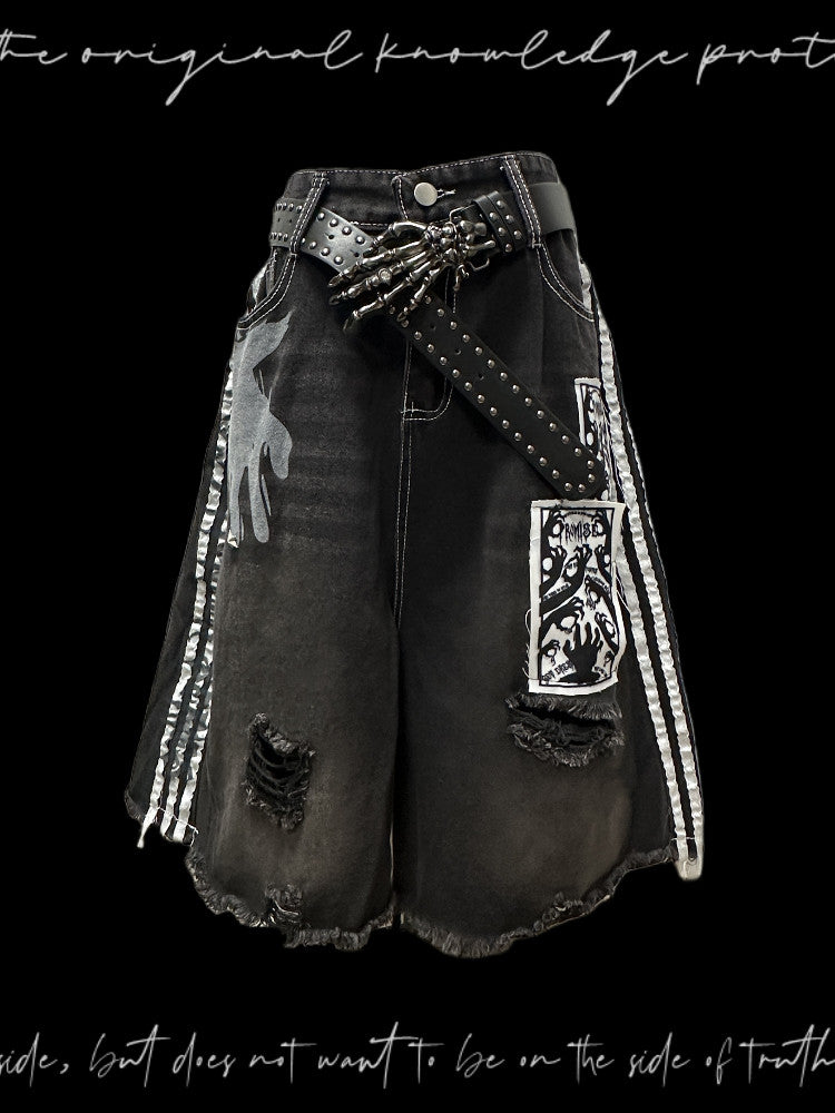 Stripe Damage Patch Denim Half Jeans & Skull Belt WN23792