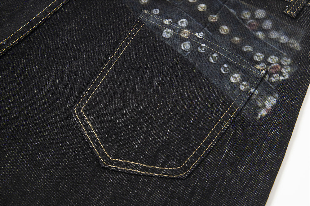 Badge Belt Print Wide Leg Half Denim Jeans WN18522