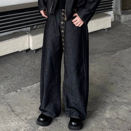 Standing-Collar Damage Wash Denim Jacket & Damage Wash Wide Leg Denim Jeans Setup WN25265