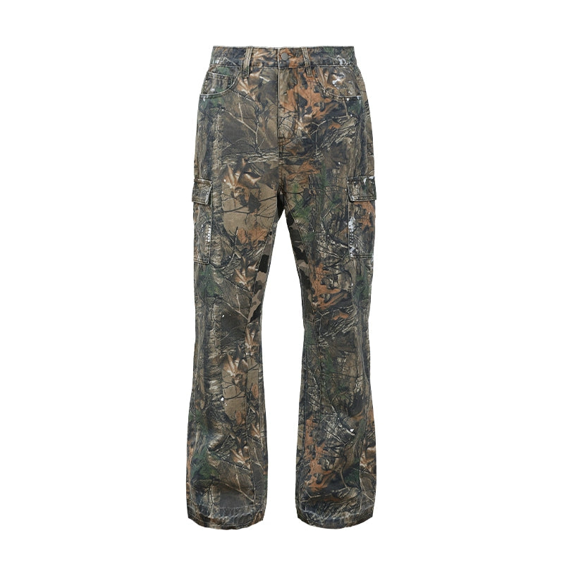 Washed Faded Camouflage Leaf Print Wide Leg Cargo Pants WN17725