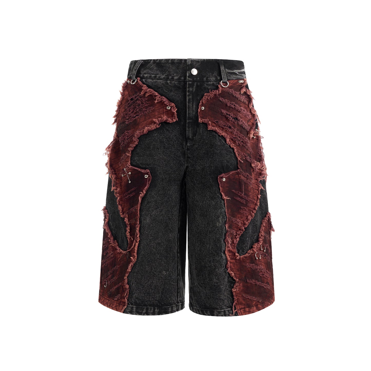 Faded Brushed Patchwork Studs Half Denim Jeans WN14903