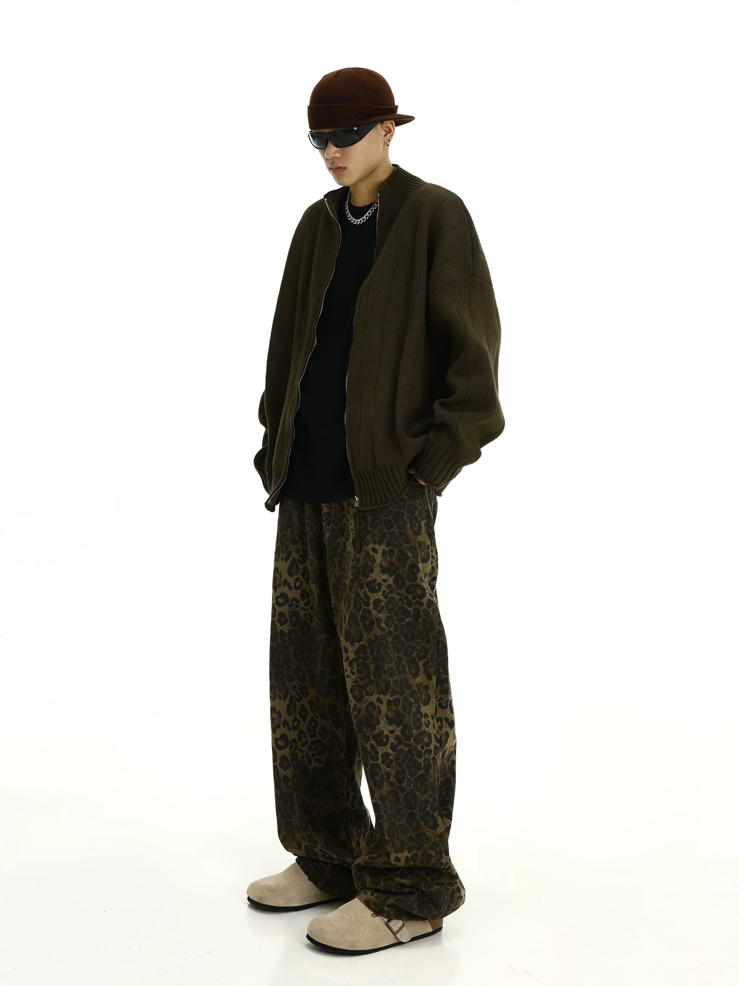 Wide-leg Leopard Print Denim Jeans WN5780