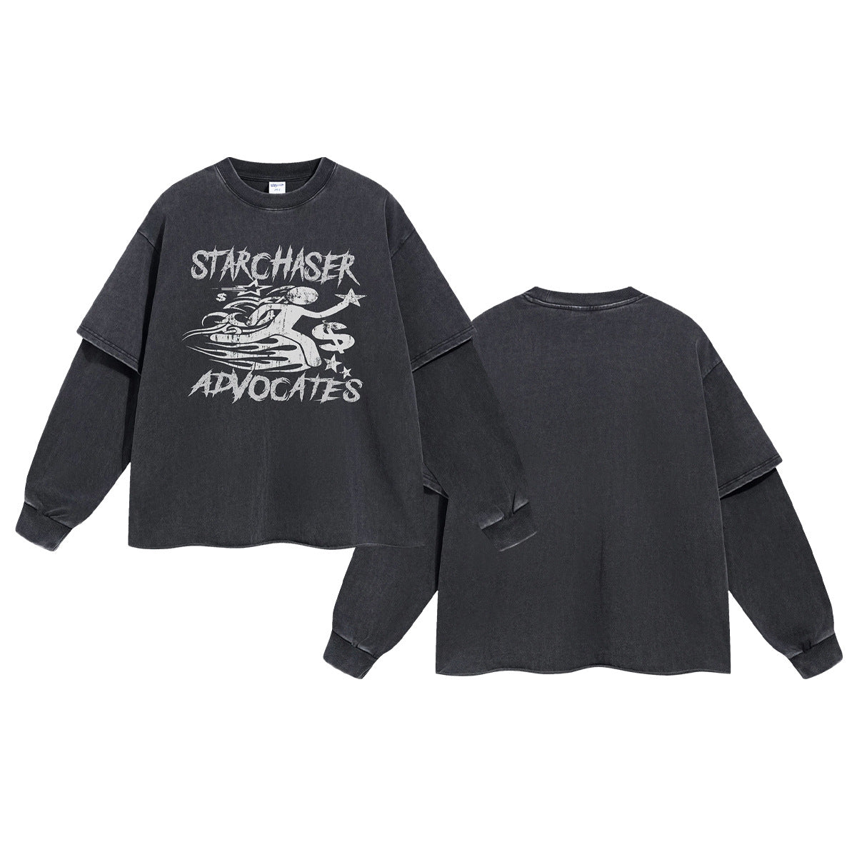 Washed Fake Layered Round Neck Print Long Sleeve T-Shirt WN7816