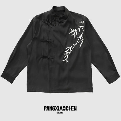 Standing-Collar Frog Button Bamboo Embroidery Long Sleeve Shirt WN20157