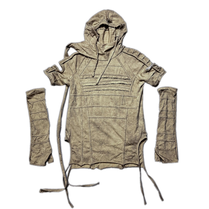 Hooded Wax-Dyed Washed Sleeve-Layered Short Sleeve T-Shirt WN13820