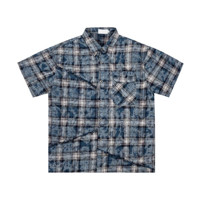 Tie Dye Plaid Raw-edge Short Sleeve Shirt WN5881
