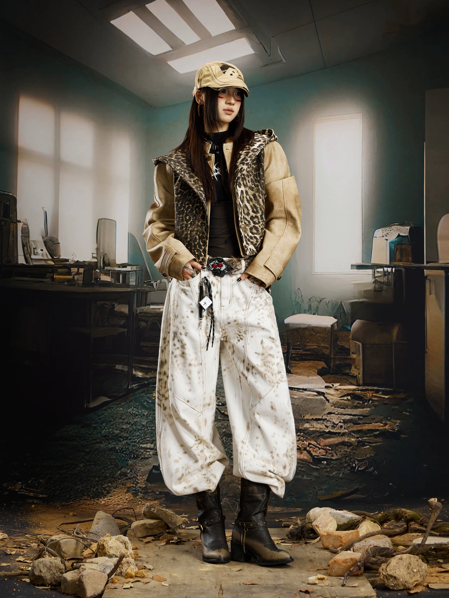 Deconstruction Patchwork Leopard Hooded PU Leather Jacket WN21381