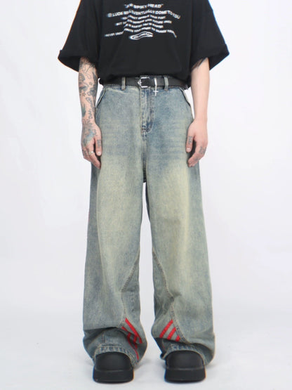 Stripe Design Wide-Leg Straight Denim Jeans WN5874