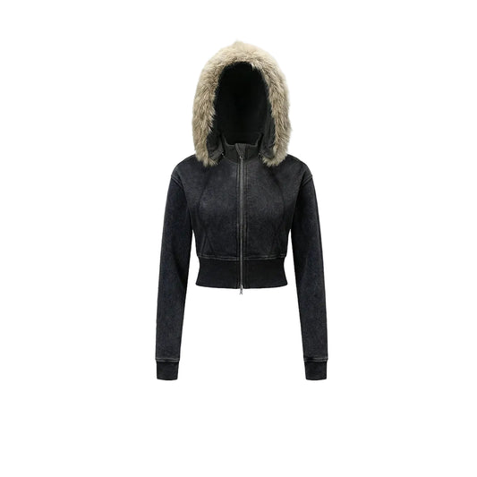 Fake Fur Lining Zip-Up Cropped Zipper Hoodie WN23115
