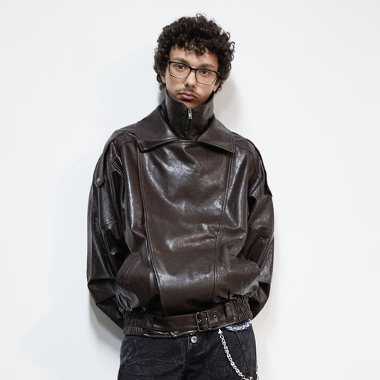 PU Leather Lapel Collar Utility Short Jacket WN22925