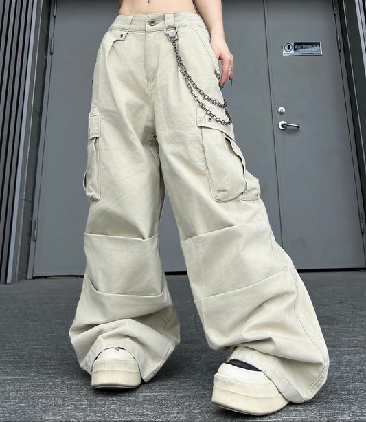Multi-Pocket Parachute Pleats Wide Leg Cargo Pants WN24227