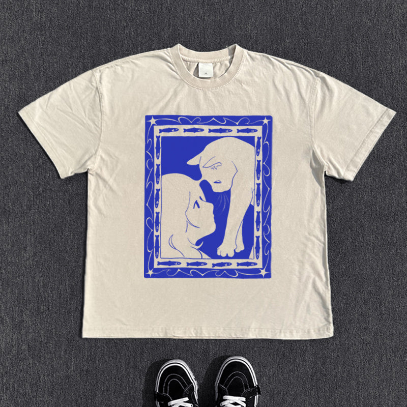 Cat Print Washed Short Sleeve T-Shirt WN15823