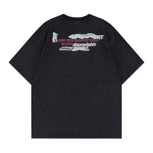 Washed Portrait Letter Print Short Sleeve T-Shirt WN25764