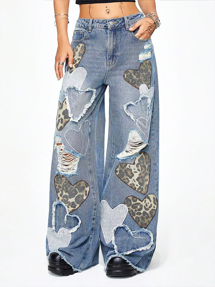 Heart Leopard Pattern Wide Leg Denim Jeans WN16026