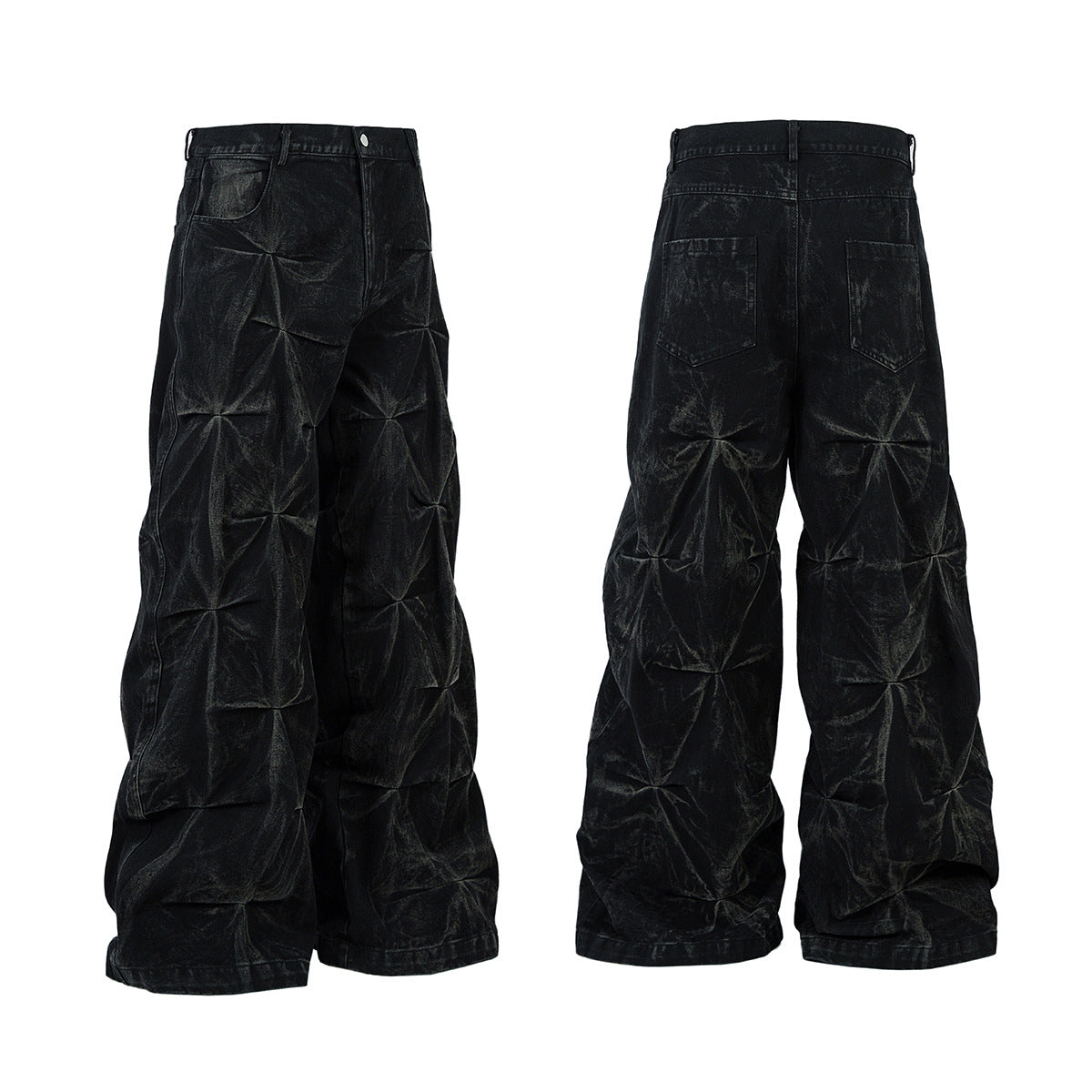 Washed Pleated Wide-Leg Denim Jeans WN12730