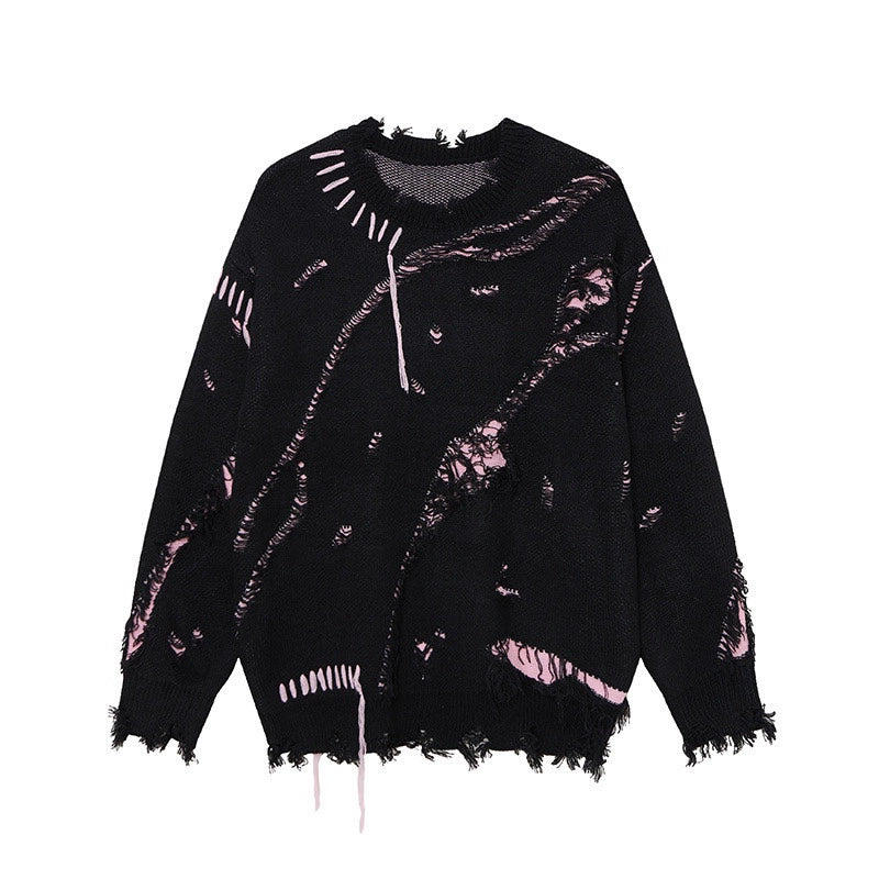 Irregular Damage Hole Contrast Knit Sweater WN21055