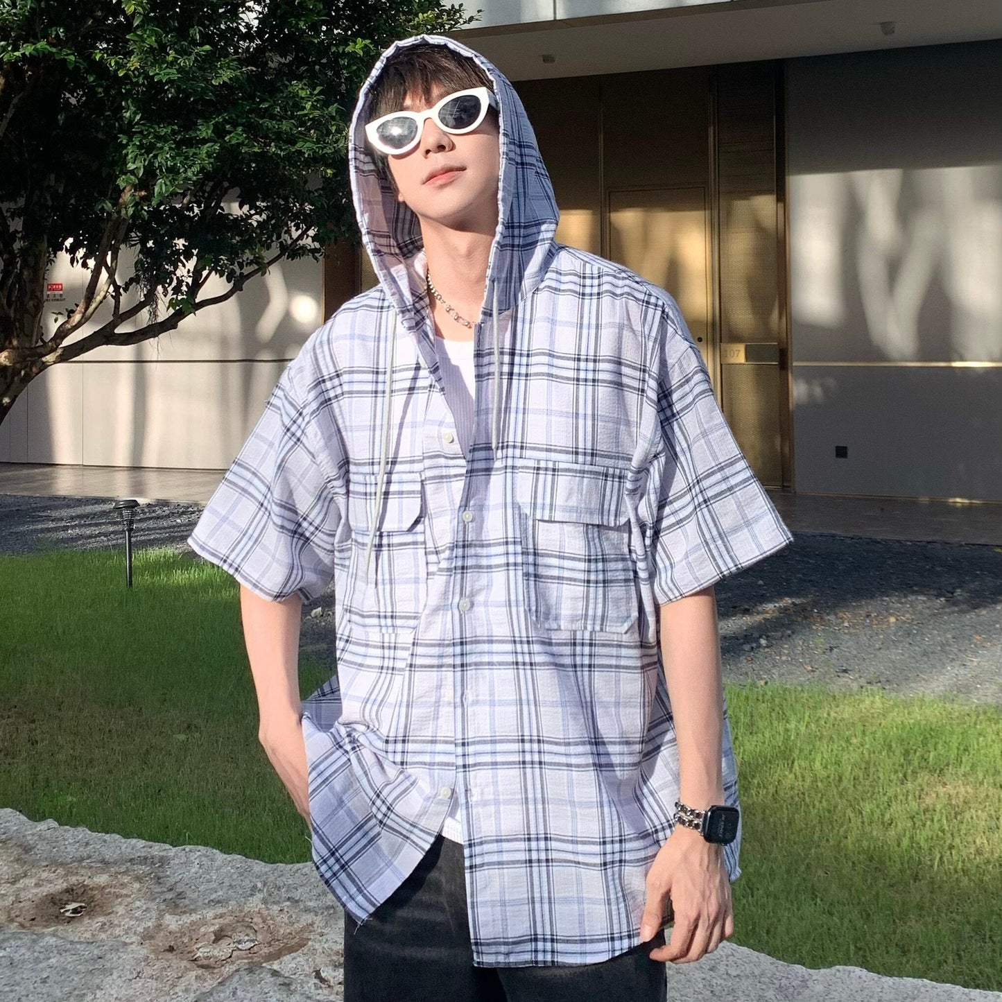 Plaid Hooded Short Sleeve Shirt WN25195