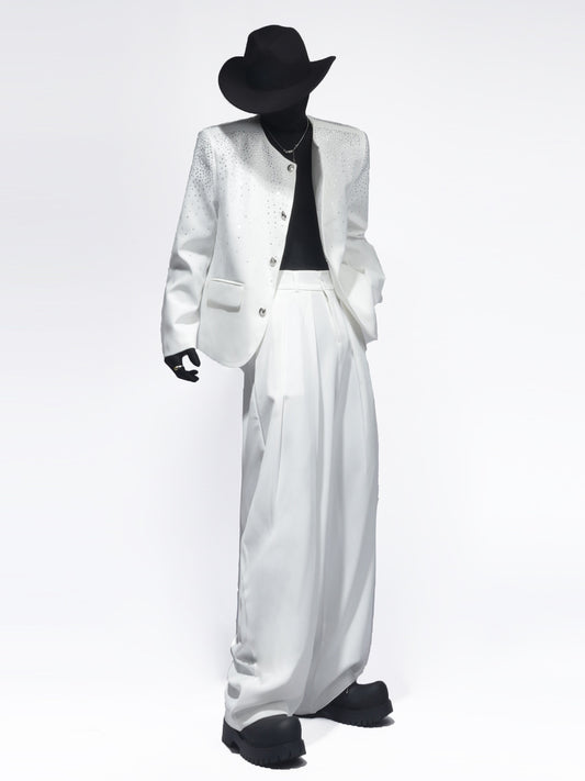 Rhinestone Shoulder-Pad Short Tailored Jacket & Rhinestone Flare Trousers Setup WN23709