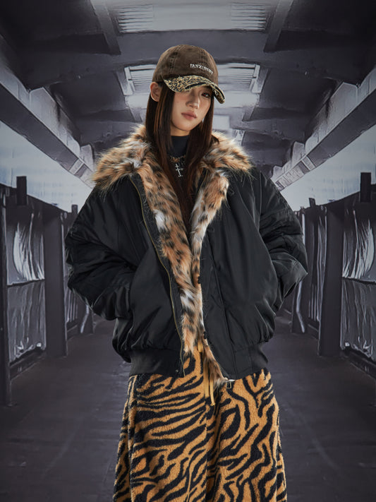 Leopard Fake Fur Lapel Short Padded Jacket WN22842