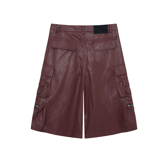PU Leather Pocket Cropped Wide Leg Cargo Hahf Pants WN25652