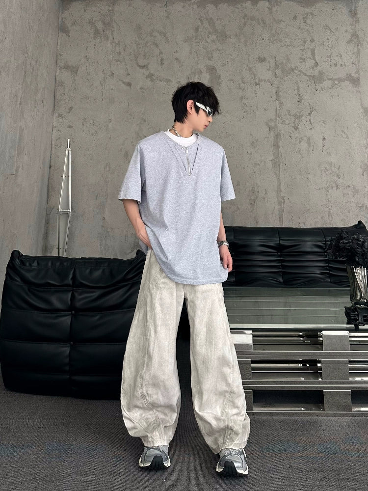 Dirty Wash Curved Cut Wide Leg Denim Jeans WN16784