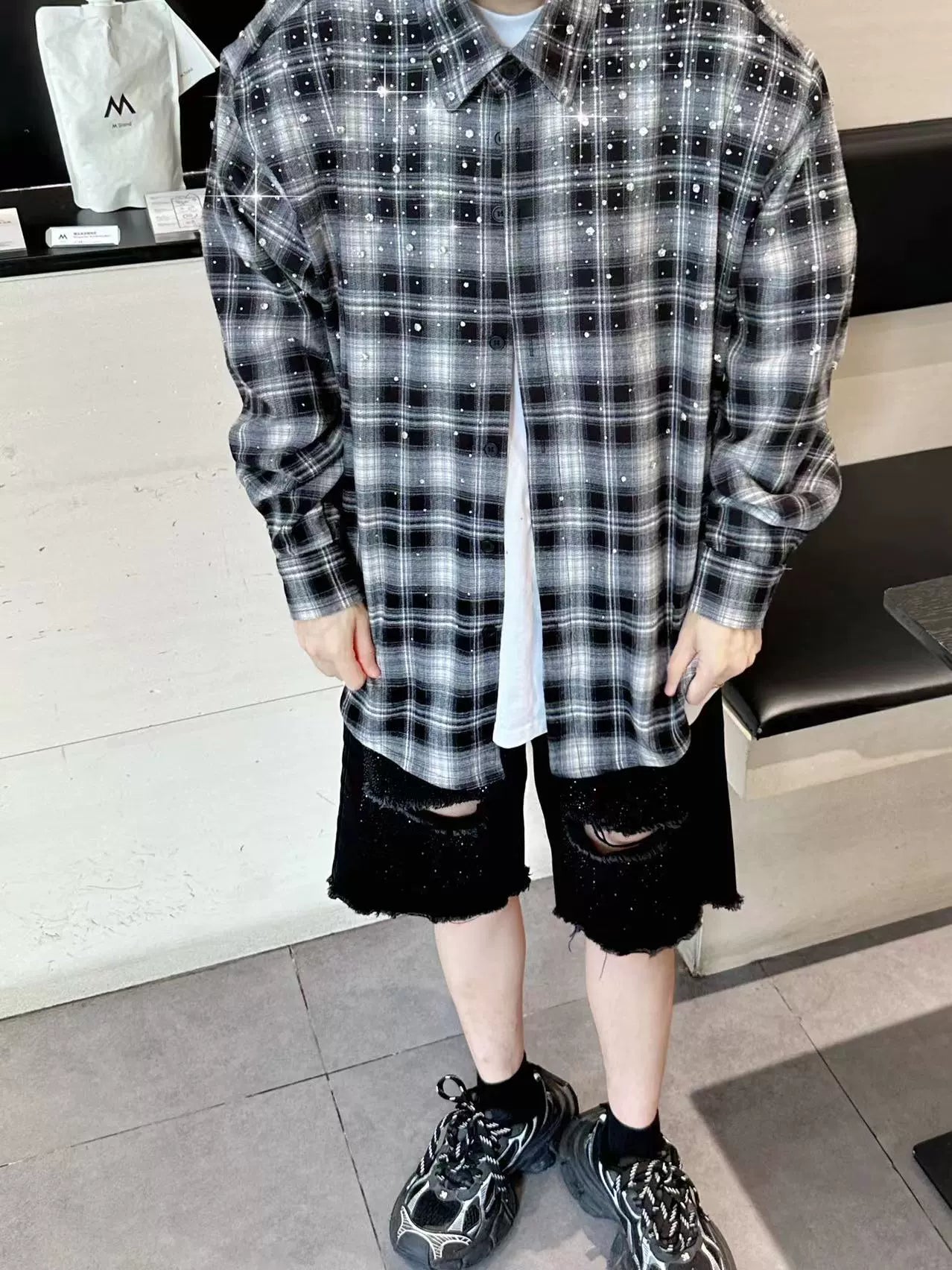 Rhinestone Plaid Long Sleeve Shirt WN20718