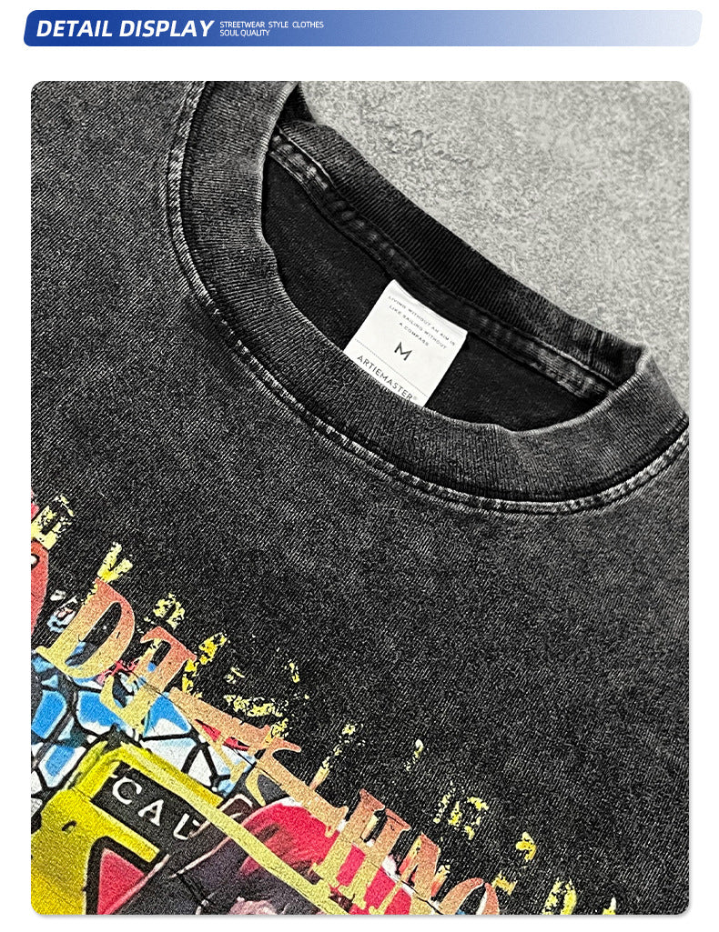 Cartoon Girl Print Washed Short Sleeve T-Shirt WN16269