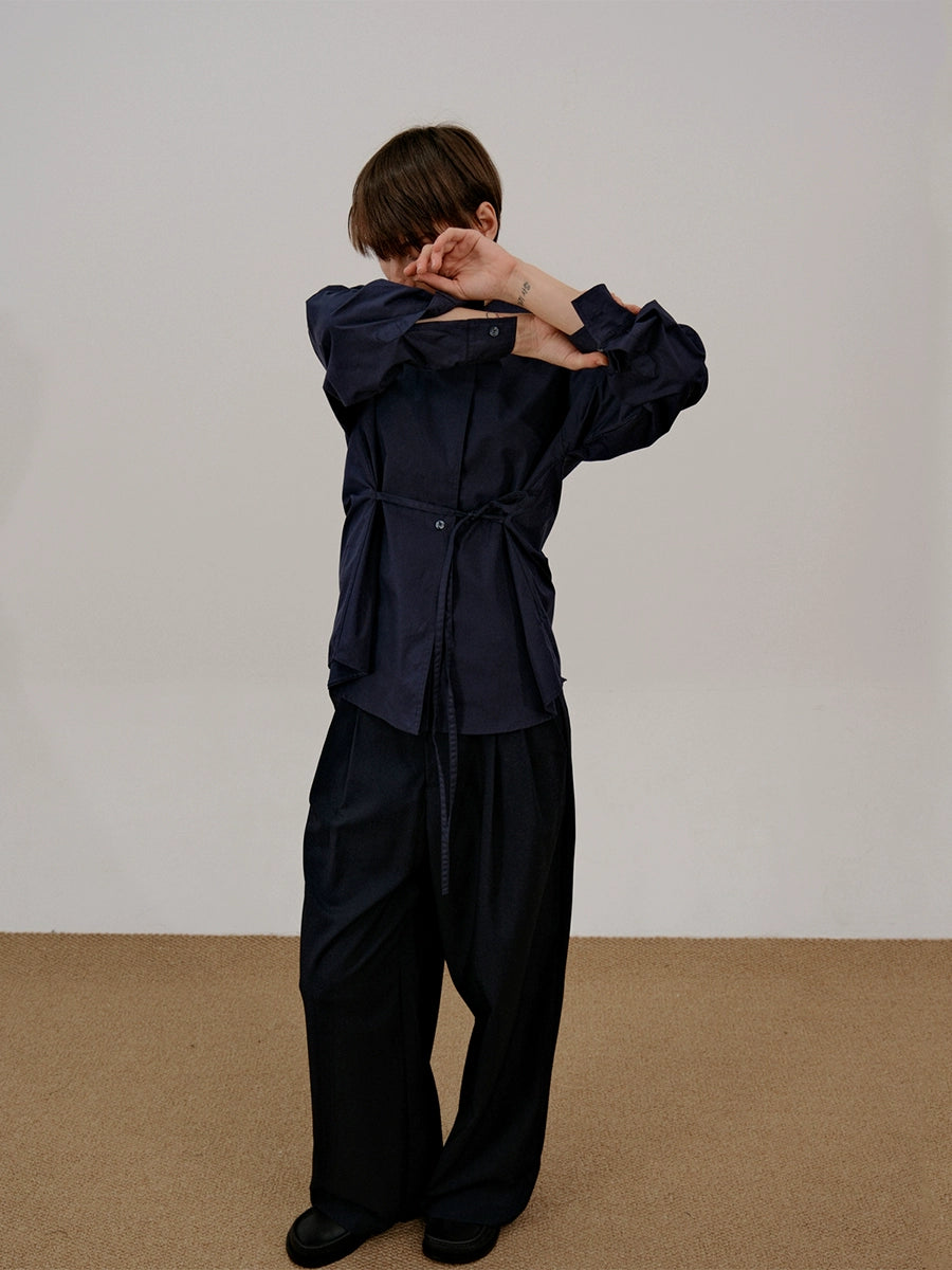 Belted Stand Collar Long Sleeve Shirt WN21648