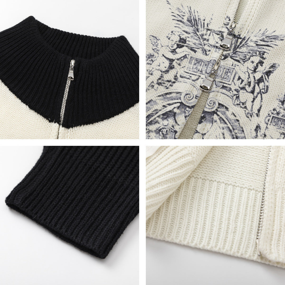 Statue Print Colorblock Patchwork High-Neck Knit Cardigan WN11510