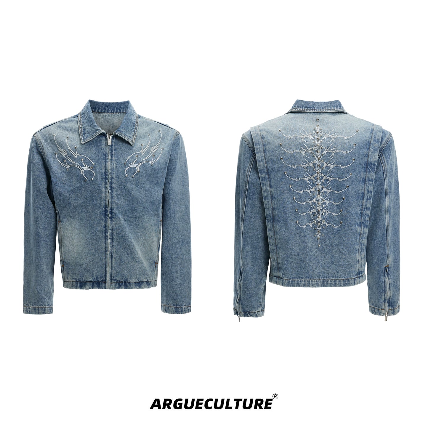 Washed Studs Spine Short Denim Zipper Jacket WN16329