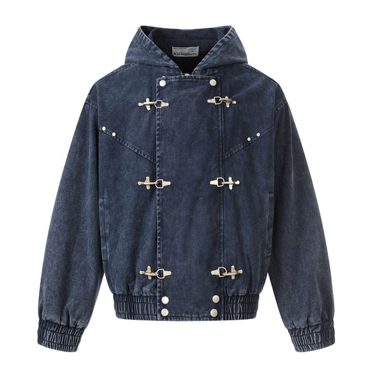 Washed Metal Buckle Hooded Denim Jacket WN23044