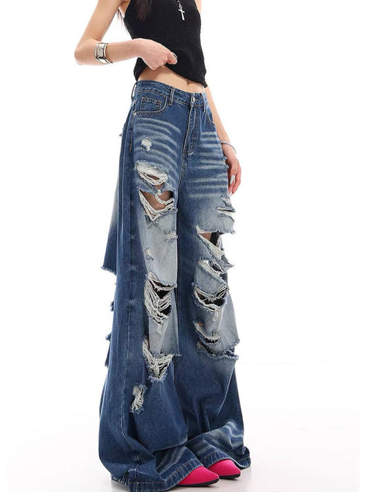 Damage Washed Wide Leg Denim Jeans WN27962