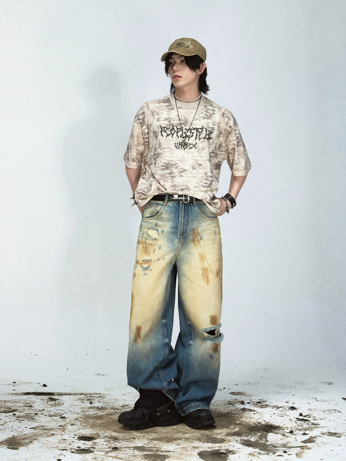 Mud Dye Damage Washed Wide Leg Denim Jeans WN18272