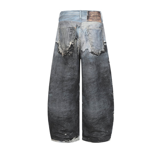 Distressed Frayed Mix Patchwork Wide Leg Denim Jeans WN23604