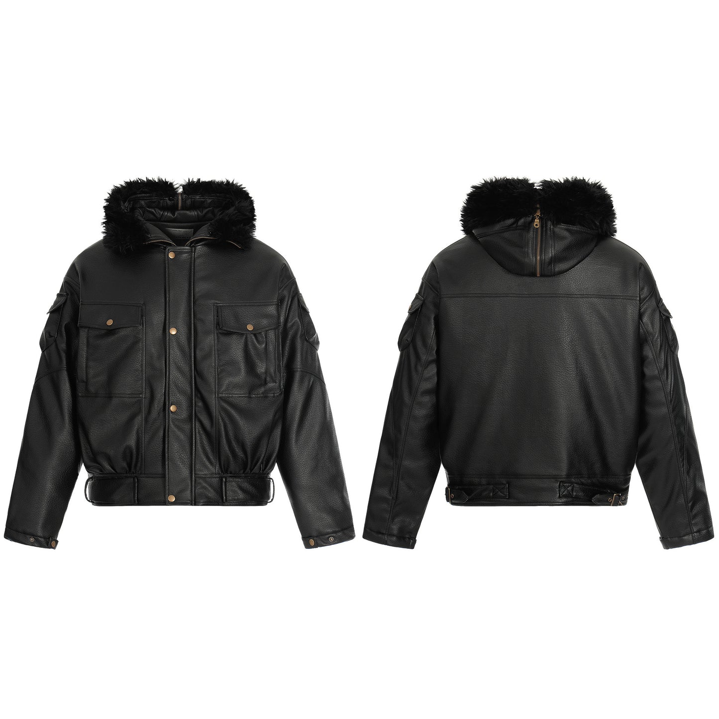 Hooded Fake Fur Collar PU Leather Jacket WN21885