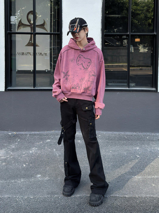 Graffiti Print Oversize Short Pullover Hoodie WN23012