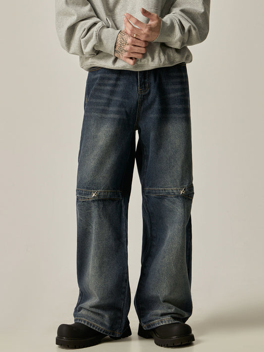 Washed Metalic Design Wide-leg Straight Denim Jeans WN6224