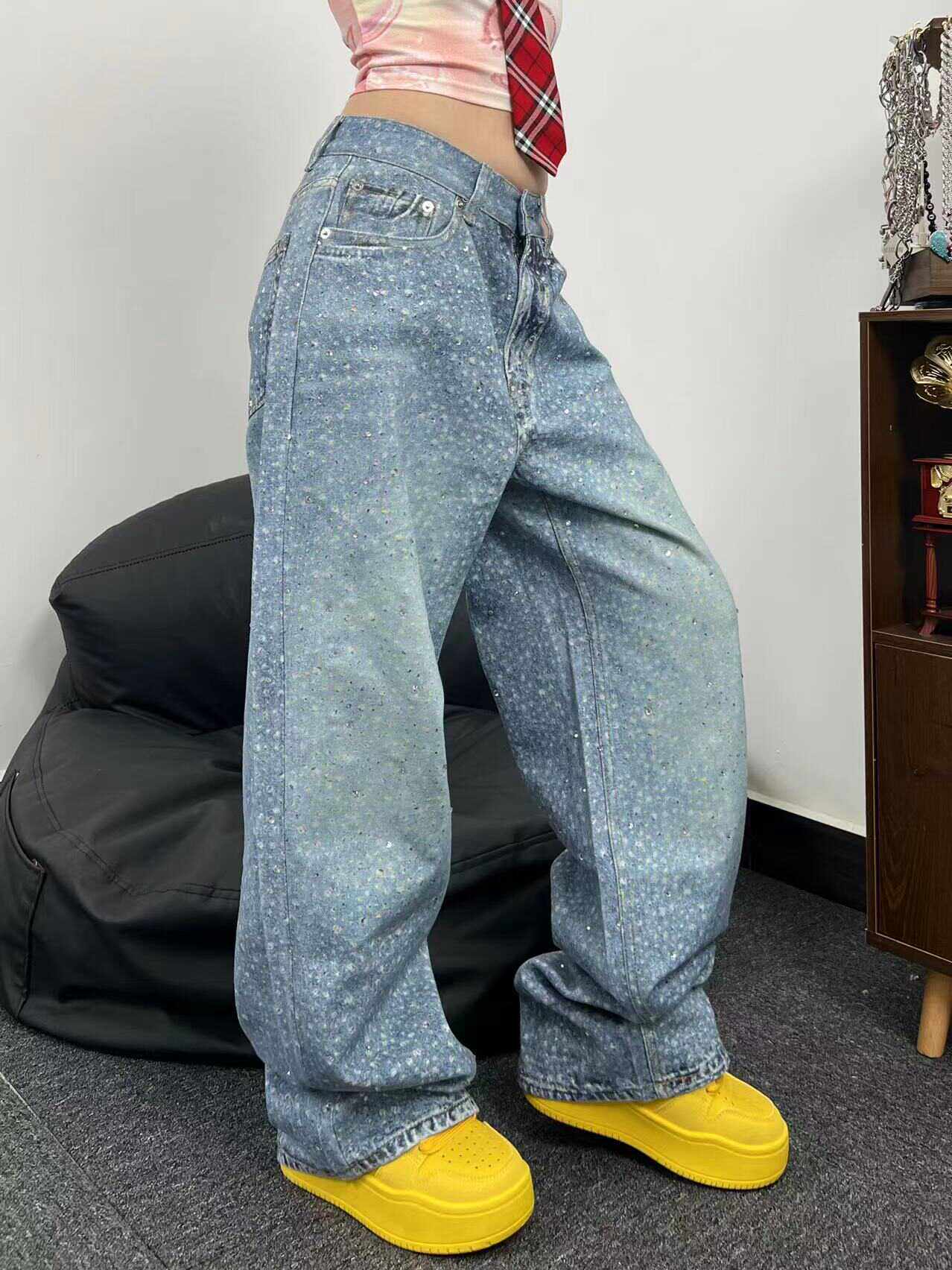 Speckled Paint Washed Wide Leg Denim Jeans WN24047
