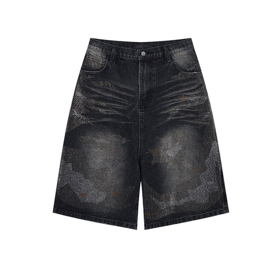 Rhinestone Camouflage Wash Denim Half Pants WN25558