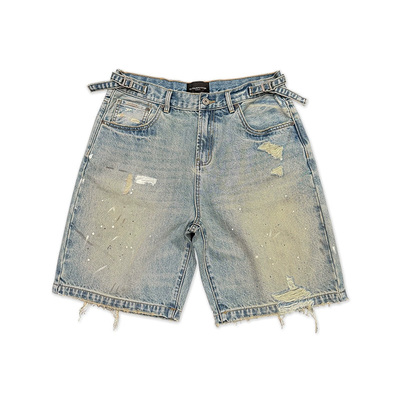 Damage Paint Fade Washed Denim Half Pants WN17658