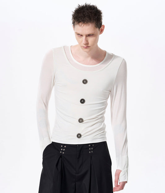 Tencel Fake Layered Button Long Sleeve T-Shirt WN23270