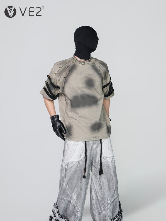 Washed Damage Studs Detail Strap Short Sleeve T-Shirt WN24315