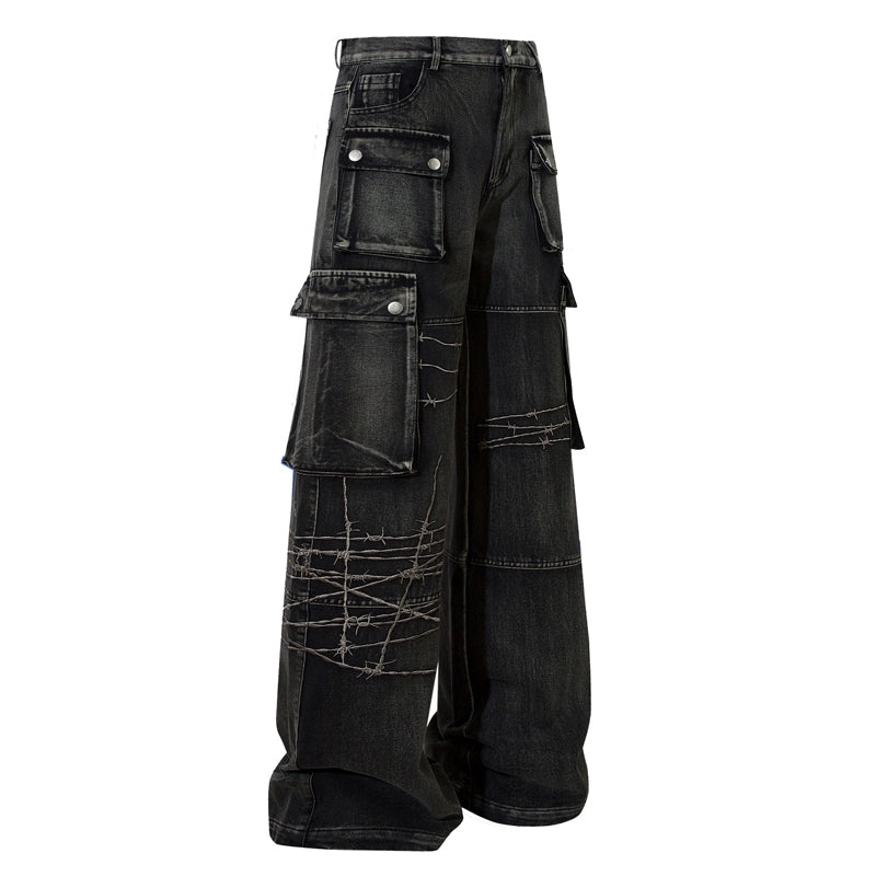 Multi-Pocket Embroidery Wide Leg Straight Cargo Denim Jeans WN18626