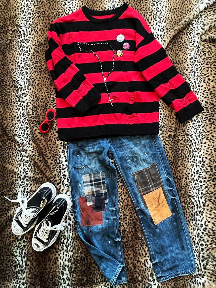 Patchwork Washed Damage Straight Denim Jeans WN16098