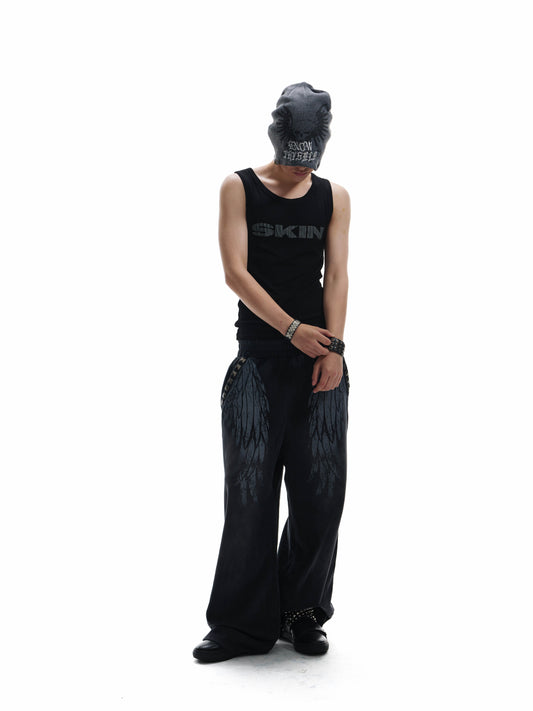 Wide Leg Wing Print Studs Detail Sweatpants WN27212